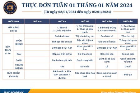 Thực đơn tuần 01 tháng 1 năm 2024