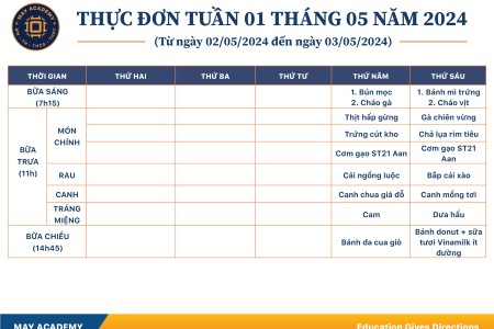 Thực đơn tuần 01 tháng 5 năm 2024