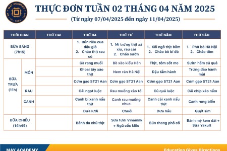 Thực đơn tuần 02 tháng 04 năm 2025