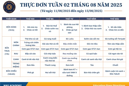 Thực đơn tuần 02 tháng 08 năm 2025