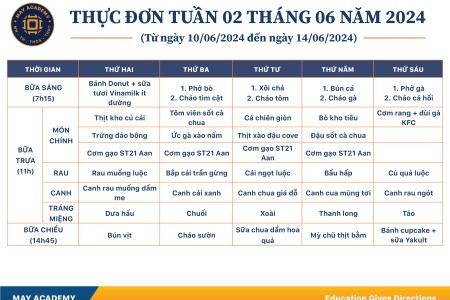 Thực đơn tuần 02 tháng 6 năm 2024