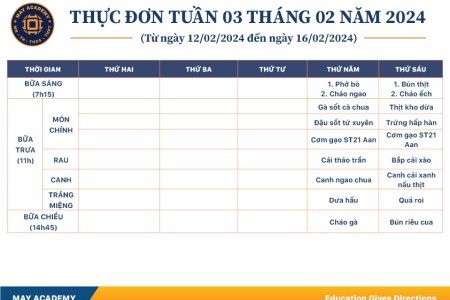 Thực đơn tuần 03 tháng 2 năm 2024