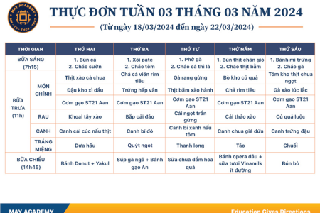 Thực đơn tuần 03 tháng 3 năm 2024