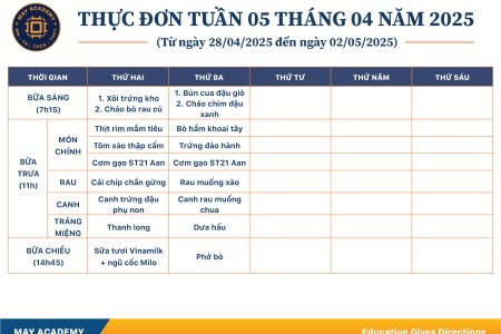 Thực đơn tuần 05 tháng 04 năm 2025