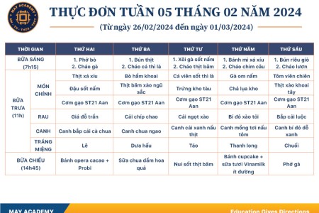 Thực đơn tuần 05 tháng 2 năm 2024